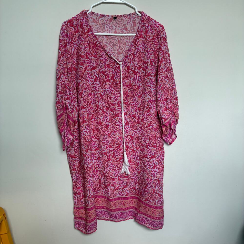 Womens Boho Paisley Tunic Dress Pink Tassel Tie 3/4 Sleeve XL